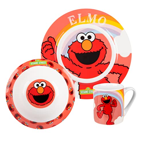 United Labels Elmo Frühstücksset Kinder, mit Elmo, Geschirr Set Porzellan, 3-teilig mit Teller, Schale und Tasse, spülmaschinenfest und mikrowellengeeignet von United Labels
