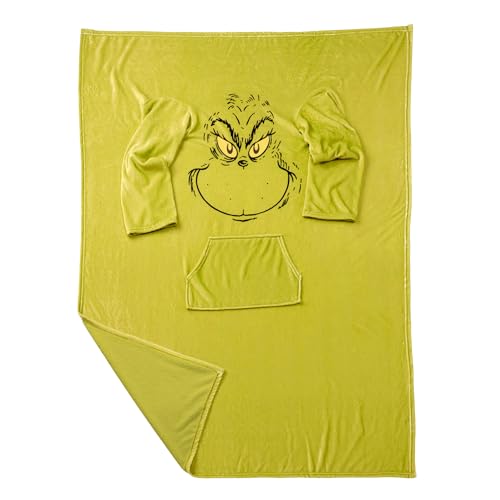 United Labels Grinch Decke mit Ärmeln, Grün, Flauschige Kuscheldecke 130x170 cm, Ärmeldecke mit Bauchtasche, TV Decke von United Labels