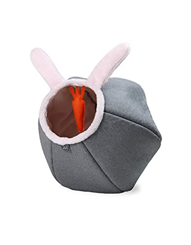 United Pets Cat Cave Bunny mit Spielball, Design, lustiges Karotten Plüschspiel, weiches Bett für Katzen, Grau von United Pets