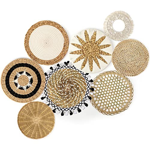 Set mit 8 Wandkörben Dekor Boho Wandbehang Dekor Rattan Wanddekoration Flach Runde Weide Gewebte Makramee Quasten Tapisserie Bambus Wandkorb Serviertablett Kunst Handmade Set für Zimmer Schlafzimmer von Unittype