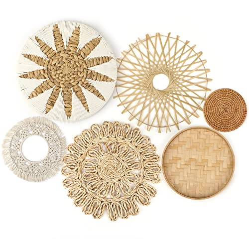 Unittype Set mit 6 Wandkörben Dekor Rattan Wanddekoration Flache Runde Boho Wanddekoration Hängekorb Wanddekoration Weidenkorb Wanddekoration für Wohnzimmer, Schlafzimmer, Flur, Garten, 5,1-11,8 Zoll von Unittype