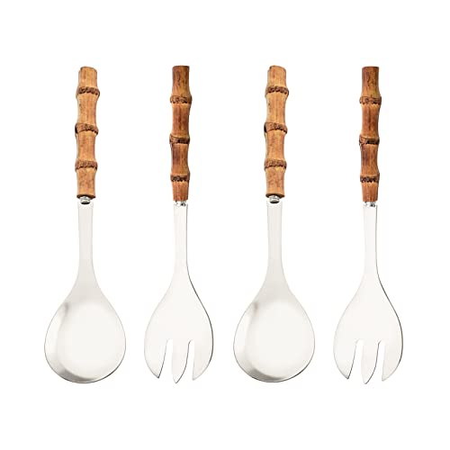 Uniturcky Servierlöffel und Gabel-Set, 304 Edelstahl Servierutensilien mit natürlichem Bambusgriff, 25,4 cm langer Griff Servierset für Küche Party Buffet, 4 Stück/je 2 Stück von Uniturcky