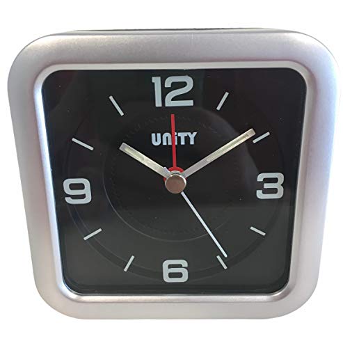 UNITY Quadratischer Piepton-Wecker – 49021, Metall, Silber/Schwarz, 9.5 x 9.5 x 4.5 cm von Unity