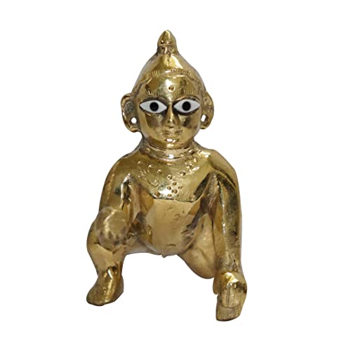 Universal Hub Bal Gopal Statue Tempel Dekoration Prunkstück Messing Idole Antiker Laddu Gopal Murti Indischer Pooja Samagri Handgeschnitzte Krishna Figuren Sammlergeschenke von Universal Hub