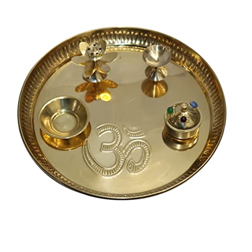 Universal Hub® Pooja Thali Indische dekorative Teller Om Puja Hochzeitsteller Hindu Pooja Aarti Teller Tempel Wohnaccessoires Pooja Samagri Bhog Thali Set mit 1 Serviertellern Hindu Geschenk von Universal Hub