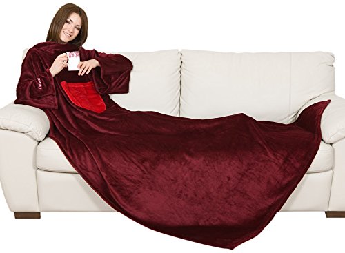 Kanguru Kuscheldecke mit ärmeln, Sofa Decke zum anziehen 210x140 cm, mit zentrale Tasche, weiche Flannel mikrofaser, tv tagesdecke, fleecedecke, tragbare und Oversize ROT von Kanguru