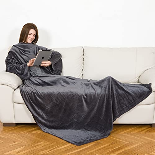 Kanguru Grey Fleecedecke mit Ärmeln Einfarbig, Polyester, LOFT-GRAU, 140x210 cm von Kanguru