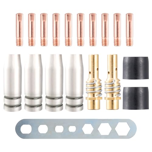Unnosin 19 Teile MIG MAG Schweißbrenner Verschleißteile für 15AK MB15, 4x Gasdüse, 2x Düsenstock, 10x Stromdüse M6 0,8 mm, 2x Isolator, 1x Werkzeug von Unnosin