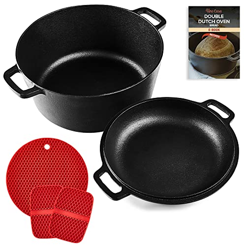 Uno Casa Dutch Oven aus Gusseisen mit Deckel - Vorbehandeltes 2-in-1-Kochset mit 4,7 L Topf und 1,5 L Pfanne - Gusseisentopf und Deckel als Gusseisenpfanne von Uno Casa