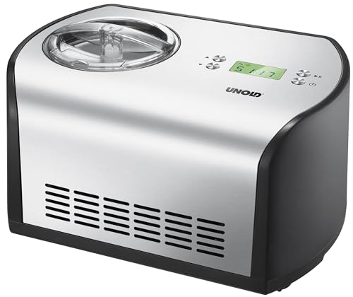 Unold Eismaschine One 48865 mit Kompressor, 1,2 Liter Eiscreme, auch für veganes und laktosefreies Eis geeignet, 135 Watt, Edelstahl / Schwarz von Unold