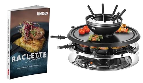 Unold 48926 Raclette Multi 4 in 1 inkl. Raclette Rezeptbuch mit 50 Rezepten | Raclette-Grill für 8 Personen, wendbarer Antihaft-Grillplatte, Edelstahl/Schwarz, 1300W [Energieklasse A+] von Unold