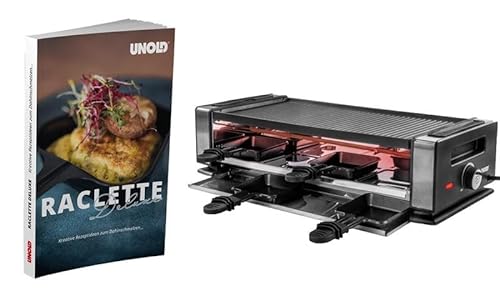 Unold 48930 Raclette Finesse Basic Raclette-Grill inkl. Raclette Rezeptbuch mit 50 Rezepten, für 8 Personen, wendbare Antihaft-Grillplatte, elektrischer Tischgrill, Edelstahl/Aluminium, 1200W von Unold