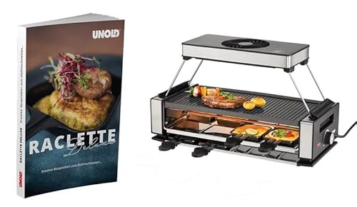 Unold 48985 Raclette Smokeless inkl. Raclette Rezeptbuch mit 50 Rezepten | Rauchfreier Raclette-Grill für 8 Personen mit Dunstabzugshaube, wendbarer Antihaft-Grillplatte, Edelstahl/Aluminium, 1200W von Unold