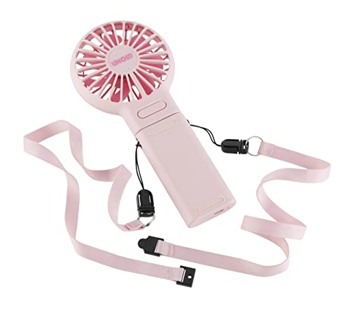 Unold 86644 HANDVENTILATOR Breezy Fold Pink zum Aufstellen oder Umhängen, Klappwinkel ca. 180°, 3-stufige Geschwindigkeitsregelung, Akkubetrieb ca. 3,5-10 Stunden, Umhängeband von Unold