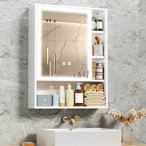 Untimaty Badezimmer-Spiegelschränke zur Wandmontage, erweiterter, geräumiger Stauraum, HD-Spiegelschrank mit 3-farbigen und dimmbaren LED-Lichtern, Anti-Beschlag-Memory-Funktion, verstellbare Regale von Untimaty