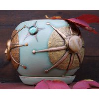 Großer Türkis & Gold Keramik Übertopf Für Drinnen, Handbemalter Blumentopf Mit Drainageloch Und Tablett, Einzigartiger Keramiktopf von UnusualThingsbyOlga