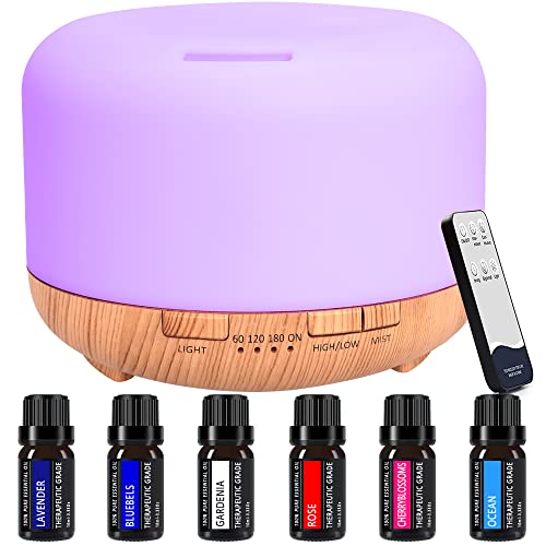 Diffusor für ätherische Öle, 450 ml Aroma-Diffusor mit 6 x 10 ml reines ätherisches Öl, Luftbefeuchter für Aromatherapie Diffusoren mit einstellbarem Nebel und 7 Farben LED von Unzipp