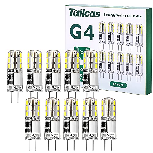 Tailcas G4 LED 1.5W Lampen, 12V AC/DC Kaltweiß Birnen Stiftsockel 180LM LED G4 Kaltweiss 6000K Glühbirnen, Nicht Dimmbar Kein Flackern, ersetzt 20W Halogenlampe, 10 Packs Energiesparlampe von Tailcas
