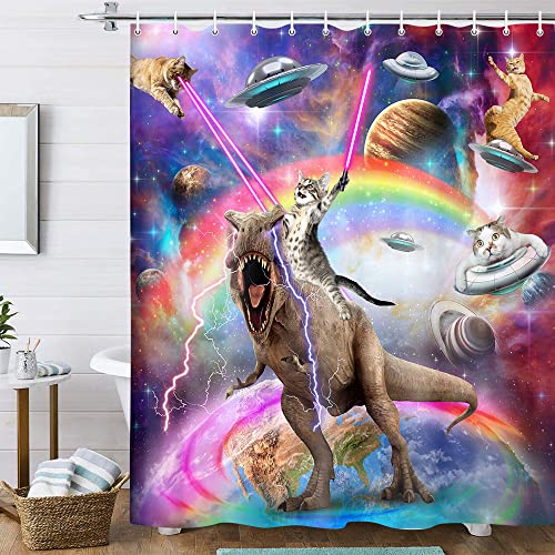 Lustiger Katzen-Duschvorhang für Jungen und Kinder, Badezimmerdekoration, coole Katze, reitender Dinosaurier auf Fantasie-Galaxie, lustiger Duschvorhang, Stoff mit 12 Haken, 178x178 cm von Uokiuki