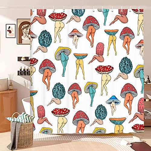 Lustiger Pilz-Po-Duschvorhang, lustig, niedlich, sexy Hintern 70er 80er Jahre, Stoff-Duschvorhänge für Badezimmer, Hippie, psychedelisch, kühles Tuch, Badezimmervorhang mit 12 Haken (70x70) von Uokiuki