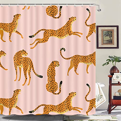 Uokiuki Boho Leopard Stoff Duschvorhang, Tropisches Tier Gepard Duschvorhang für Badezimmer, Rosa Duschvorhang mit Haken 160 x 213 cm von Uokiuki