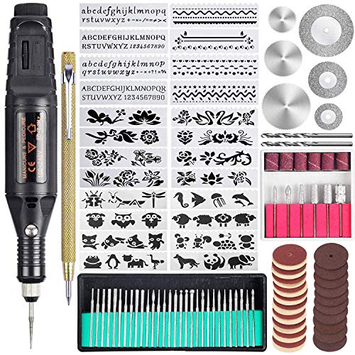 Uolor 108 Pcs Gravierwerkzeugsatz, Multifunktionaler Gravurstift DIY Drehwerkzeug für Schmuck Glas Holz Metall mit Anreißer, 82 Zubehör und 24 Schablonen von Uolor