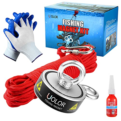 Uolor Magnetfischen Satz, 300KG Doppelseitig Neodym Ösenmagnet Angelmagnet Fischen Magnet, Super Starke Magnete zum Magnet Fischen Magnet Angel mit Seil, Schraubensicherung, Karabiner & Handschuhe von Uolor