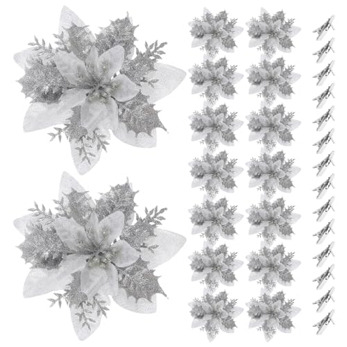 Uonlytech 16 Stück Künstliche Weihnachtsstern Baumschmuck Glitter Poinsettia Weihnachtsblume Christbaumschmuck Weihnachtsbaumschmuck DIY Weihnachtsdeko für Weihnachtskranz Tannenbaum Silber von Uonlytech