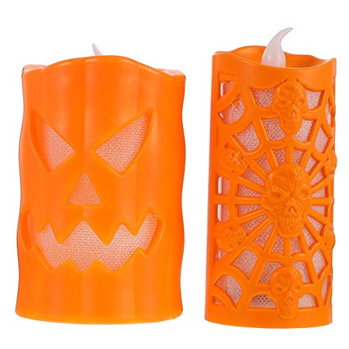 Uonlytech 2 Stück Halloween LED Teelicht Kerzen Schädel Spinne Batteriebetrieben Flammenlos LED Teelicht Kerzenhalter für Saisonale Festivalfeier (Orange) von Uonlytech