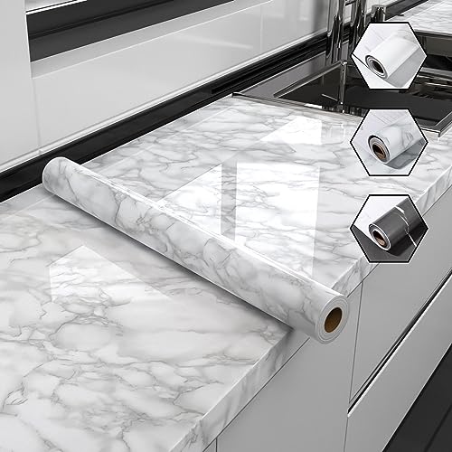Uonlytech Selbstklebende Marmorfolie Glänzend Küchen Wandtapete Küchenarbeitsplatte Möbelaufkleber Aluminiumfolie Pet Material Abziehbar Rückstandsfrei Vielseitig Schneidbar von Uonlytech