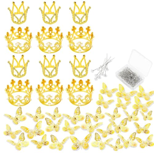 Uooduby 148 Stück Brautblumenstrauß-Zubehör - 36 Goldene Schmetterlinge, 12 Kronen, Blumenstrauß-Anstecknadeln, 100 Diamantnadeln von Uooduby