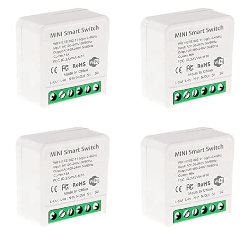Uooduby 4X Smarter Mini-WLAN-Relaisschalter, DIY-Timer-Lichtschaltermodul Smart Life/Tuya-Anwendung, Drahtlose Fernbedienung von Uooduby