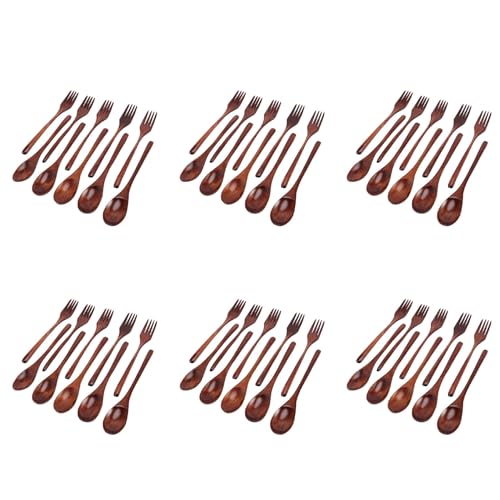 Uooduby 60 Stück Holzlöffel und Gabeln Set Holzbesteck Set Wiederverwendbare Holzbesteck Set aus Naturholz zum Kochen, Rühren und Essen von Uooduby