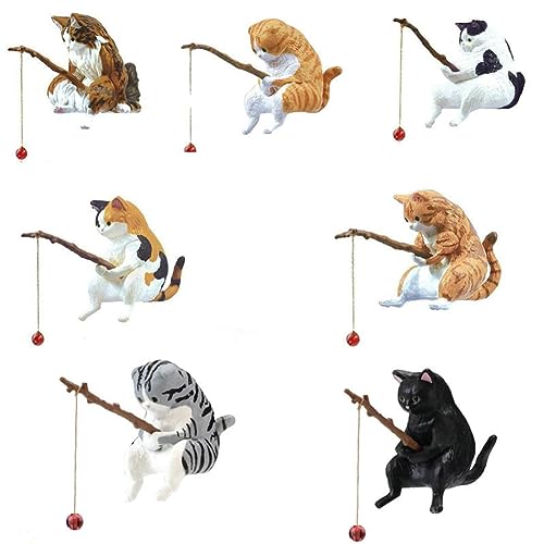 Uooduby 7PCS Katzenangel Figur Katzen Skulptur Sitzende Fischende Süße Kleine Katzen Harz Dekoration Dekoratives Zubehör Langlebig Einfache Verwendung von Uooduby
