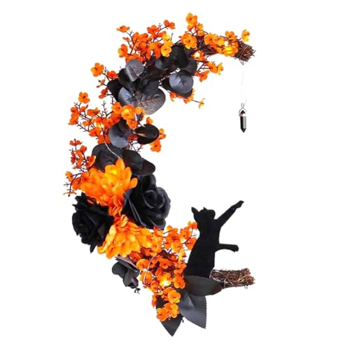 Uooduby Halloween-Mond-Türkranz, Leuchtende Katzengirlande mit Schwarzen und Gelben Blumen Als Gastgeschenk An der Haustür von Uooduby