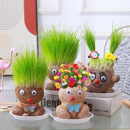 Uoqpty 4 Stück Graskopf Wachsende - Blumenkopf Graskopf Puppen Pflanze, Wachsende Graskopfs Puppenpflanze, Grass Head Doll Bonsai Growing Plants, Blumenkopf Graskopfs Haarwuchs Spielzeug Mit Tablett von Uoqpty