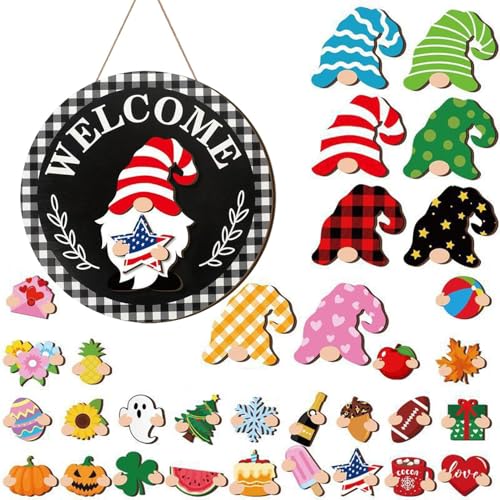 Uoqpty Gnom Austauschbares Willkommensschild - Austauschbare Holzdekoration,Festdekoration Mit Magnetischen Teilen Und Abnehmbaren Hüten - Für Wand Außenbereich Garten Weihnachten Halloween Uoqpty Gnom Austauschbares Willkommensschild - Austauschbare Holzdekoration,Festdekoration Mit Magnetischen Teilen Und Abnehmbaren Hüten - Für Wand Außenbereich Garten Weihnachten Halloween von Uoqpty