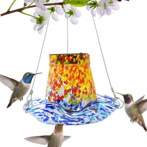 Uoqpty Kolibri-Futterspender Für Draußen | Solarglas Kolibri-Futterspender Mit Solarleuchte | Vogelbad Gartendeko Mit Solardekoration Buntglas-Landschaftsornamente Geburtstagsgeschenk Für Damen Herren von Uoqpty