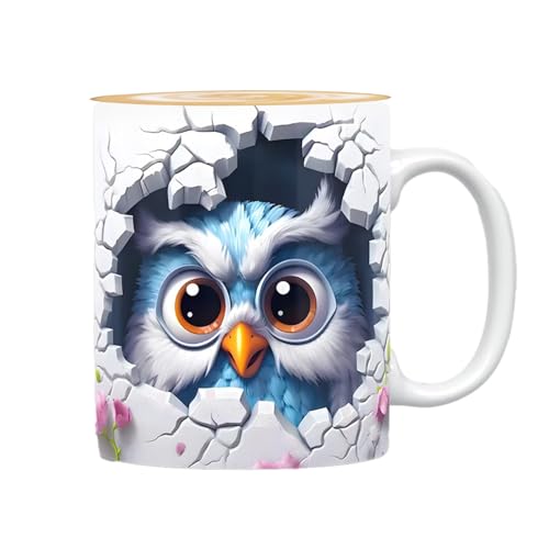 Uozonit -Eulen-Keramikbecher,Neuheit Flache bemalte süße Tassen - Neuartiges Eulen-, 325 ml, für Kaffee-Milch-Tee-Liebhaber, Keramikbecher für Frauen und Männer von Uozonit