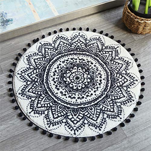 Uphome 60 cm runder kleiner Flächenteppich mit schickem Bommel Fransen Luxus Mandala Boho Samt Badezimmer Teppiche Weicher rutschfester Bodenteppich Schlafzimmer Wohnzimmer Dekorativ Maschinenwaschbar von Uphome