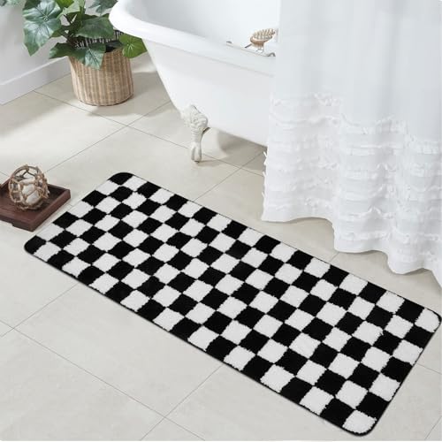 Uphome Badezimmerläufer, Teppich in Schwarz und Weiß kariert, lang, rutschfest, wasserabsorbierend, Badematte, weiche Mikrofaser, Bodenmatten für Badewanne und Dusche, 45.7x119.4 cm von Uphome