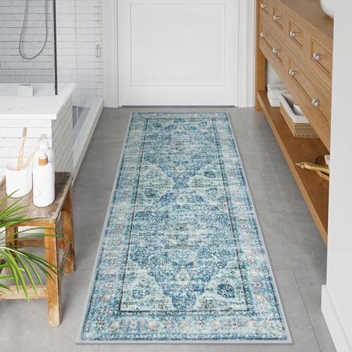 Uphome Badezimmerläufer, Used-Look, Landhausstil, lang, rutschfest, waschbar, orientalisch, Retro, Boho, Badvorleger, Läufer für Badewanne, Waschbecken, Flur, 61 x 150 cm, Hellblau Uphome Badezimmerläufer, Used-Look, Landhausstil, lang, rutschfest, waschbar, orientalisch, Retro, Boho, Badvorleger, Läufer für Badewanne, Waschbecken, Flur, 61 x 150 cm, Hellblau von Uphome