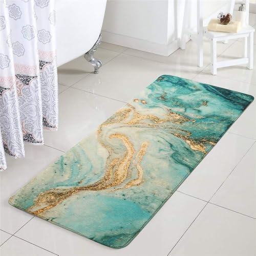 Uphome Badteppich Läufer Luxus Türkis Marmor Samt Badvorleger 45,7 x 119,4 cm rutschfeste lange Badezimmerteppiche maschinenwaschbar weiche Mikrofaser Bodenteppiche für Badewanne Dusche von Uphome