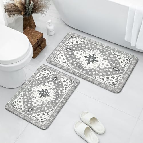 Uphome Boho-Badezimmerteppich-Set, 2-teilig, grau, rutschfest, weich, maschinenwaschbar, orientalisch, ästhetisch, traditionelles Tribal-Blumenmuster, Bodenteppich für Waschbecken, Toilette, Dusche von Uphome