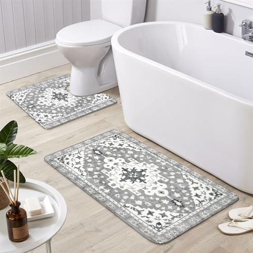 Uphome Boho Vintage Badezimmer Teppiche Sets 2 Stück grau rutschfest weiche Badematte mit U-förmiger Kontur Toilettenteppich maschinenwaschbar orientalisch ästhetische Badteppiche Tribal Floral von Uphome