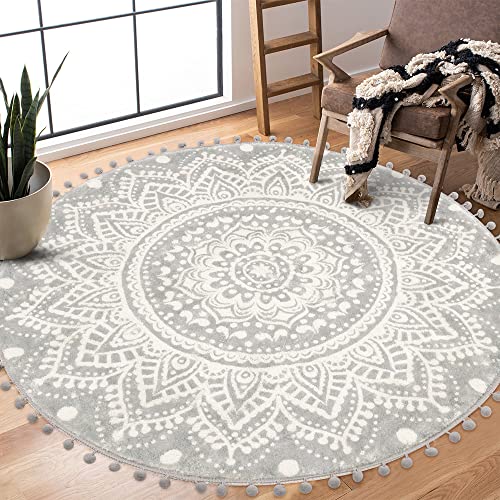 Uphome Boho runder Teppich für Wohnzimmer, 10,2 cm, runder Grauer Mandala-Teppich mit Pompons, Fransen, waschbar, niedlicher Bohemian-Akzent, Überwurf, Teppiche, rutschfest, weiche Bodenmatte für von Uphome