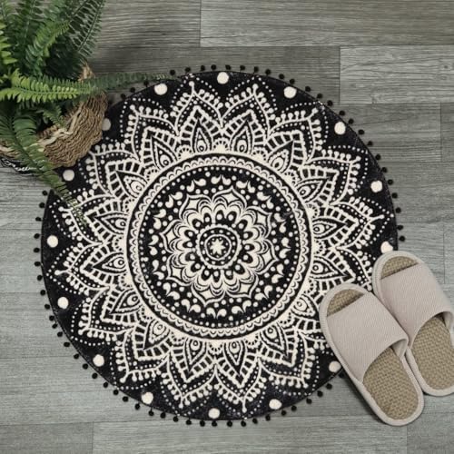 Uphome Kleiner runder Teppich, 5,8 cm, schwarz, Mandala, Boho, Badezimmerteppiche mit Pompons, Fransen, waschbar, Kreis, Duschmatte, weich, rutschfest, niedlich, runder Überwurf, Teppich für von Uphome