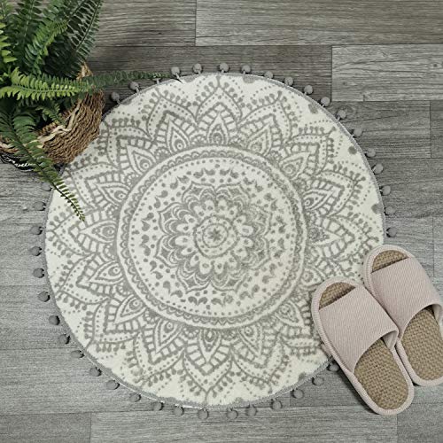 Uphome Runder, Kleiner Teppich, 60 cm mit schicker Bommelfranse, Boho-Stil, graues Mandala, Badezimmerteppich, weicher, Rutschfester Samt-Bodenüberwurf für Schlafzimmer, Wohnzimmer von Uphome