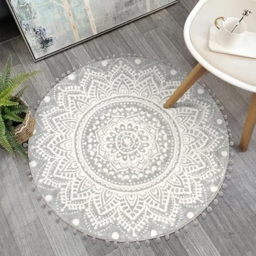 Uphome Runder Boho-Teppich mit Bommeln, Fransen, Vintage, Mandala, Samt, Akzent, Überwurf, weich, rutschfest, rund, Matte für Schlafzimmer, Badezimmer, Wohnzimmer, Grau und Creme von Uphome