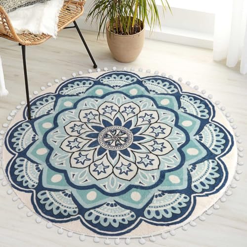Uphome Runder Teppich, 91 cm, blauer Mandala-Boho-Teppich mit Pompom-Fransen, rutschfest, waschbar, kreisförmig, weich, niedlich, blühend, Medaillon-Überwurf, Wohnzimmer, Kinderzimmer von Uphome